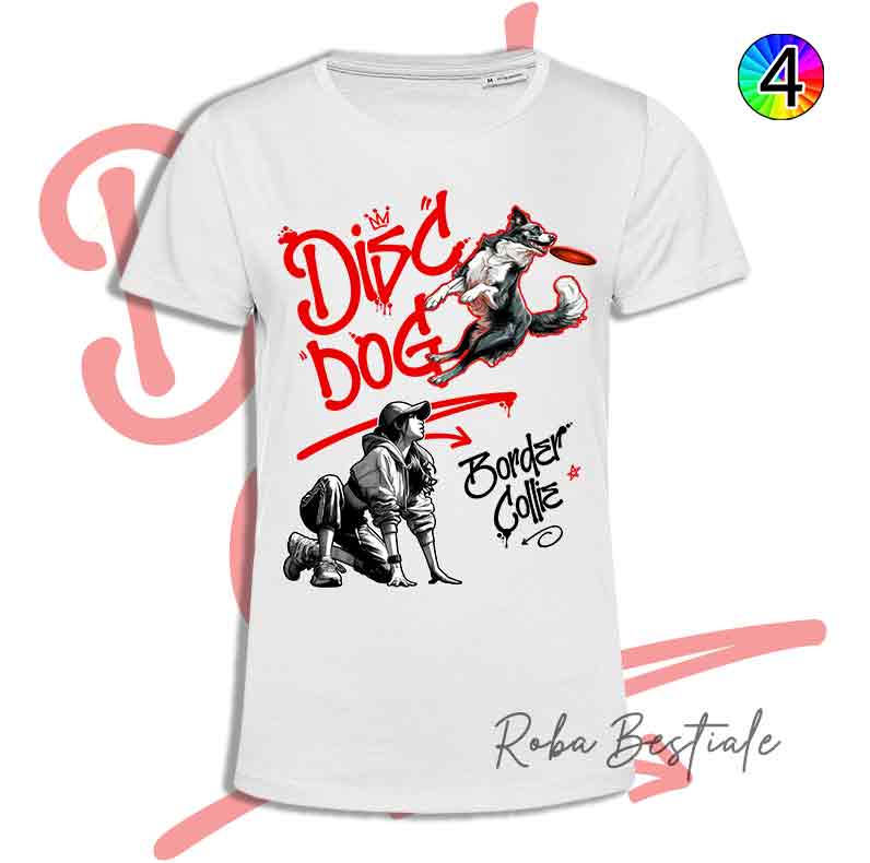 T-Shirt Disc Dog GRAFFITI - BORDER COLLIE Bianco & Nero - Design "GIRL" - Dettagli in 4 colori!