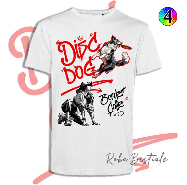 T-Shirt Disc Dog GRAFFITI - BORDER COLLIE Bianco & Nero - Design "GIRL" - Dettagli in 4 colori!