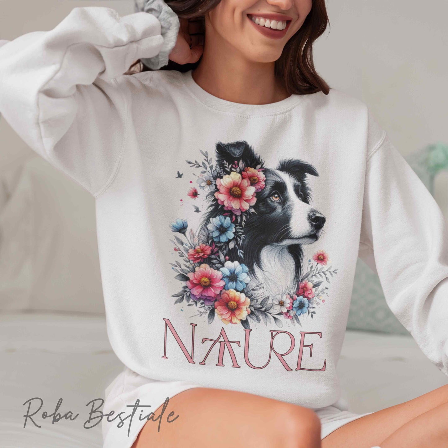 Felpa NATURE - BORDER COLLIE Bianco e Nero - Girocollo, Unisex - Off White, Bianca o Grigia - dalla XS alla 3XL