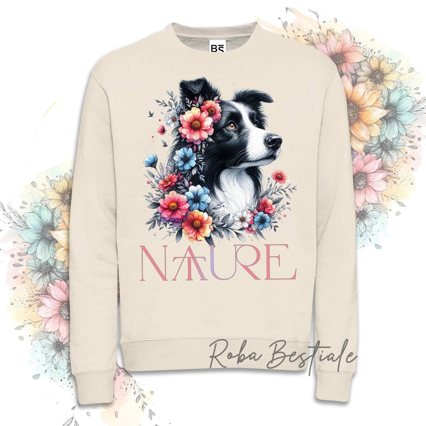 Felpa NATURE - BORDER COLLIE Bianco e Nero - Girocollo, Unisex - Off White, Bianca o Grigia - dalla XS alla 3XL