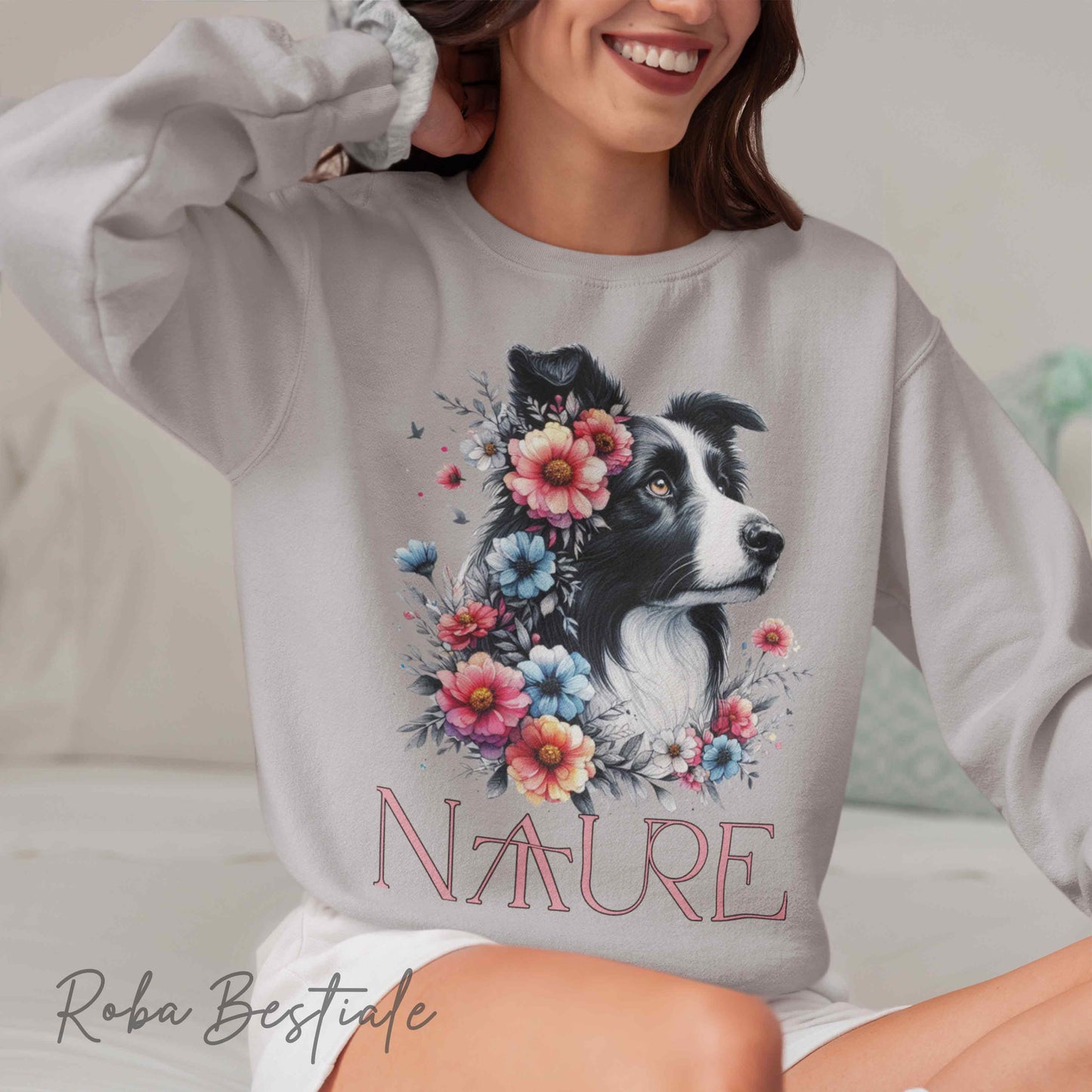 Felpa NATURE - BORDER COLLIE Bianco e Nero - Girocollo, Unisex - Off White, Bianca o Grigia - dalla XS alla 3XL
