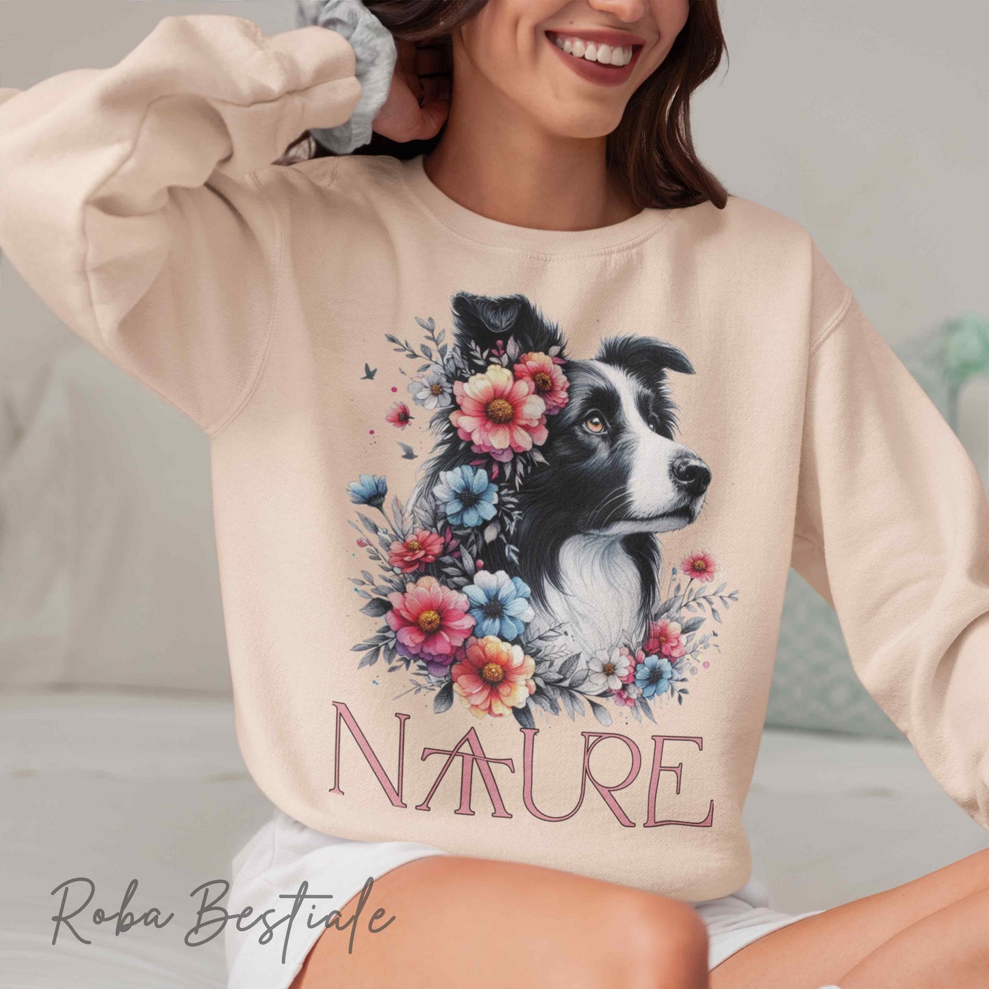 Felpa NATURE - BORDER COLLIE Bianco e Nero - Girocollo, Unisex - Off White, Bianca o Grigia - dalla XS alla 3XL