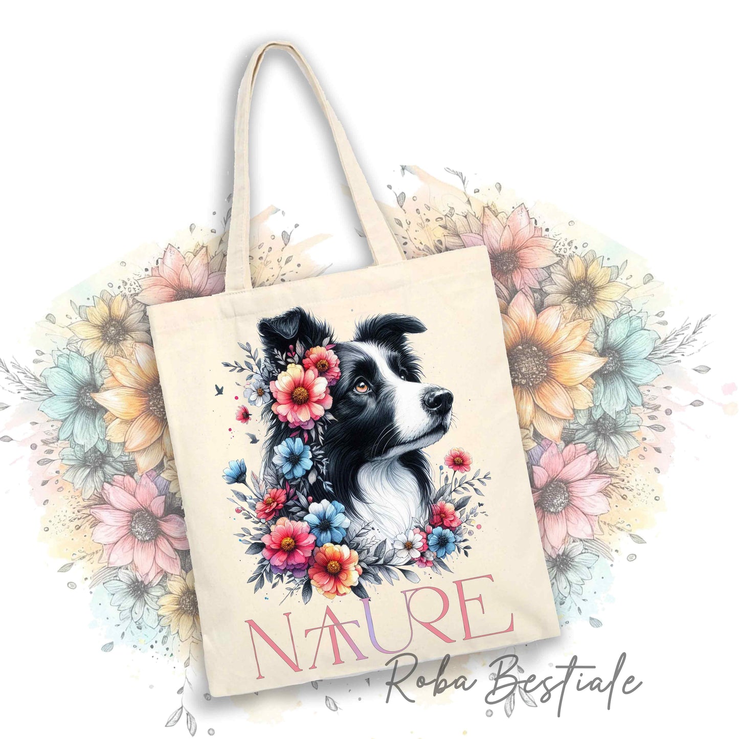 Shopper NATURE - BORDER COLLIE Bianco e Nero - Diversi colori disponibili, 100% Cotone