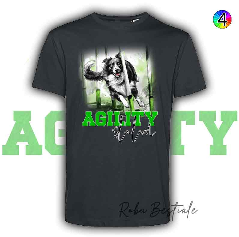 T-Shirt Nera AGILITY SLALOM - BORDER COLLIE Bianco & Nero - Scritta in 4 colori a scelta - dalla XS alla 5XL