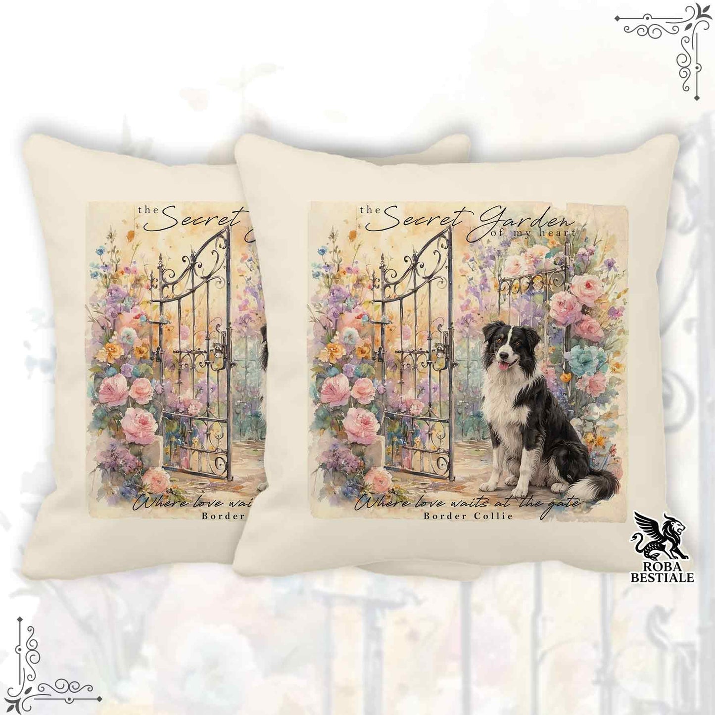 Cuscino SECRET GARDEN - BORDER COLLIE Bianco e Nero - 100% Tela di Cotone - 40x40 cm