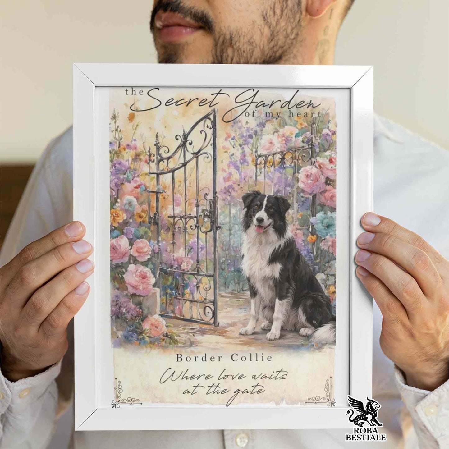 Quadretto SECRET GARDEN - BORDER COLLIE Bianco e Nero - Con cornice in legno, formato A4