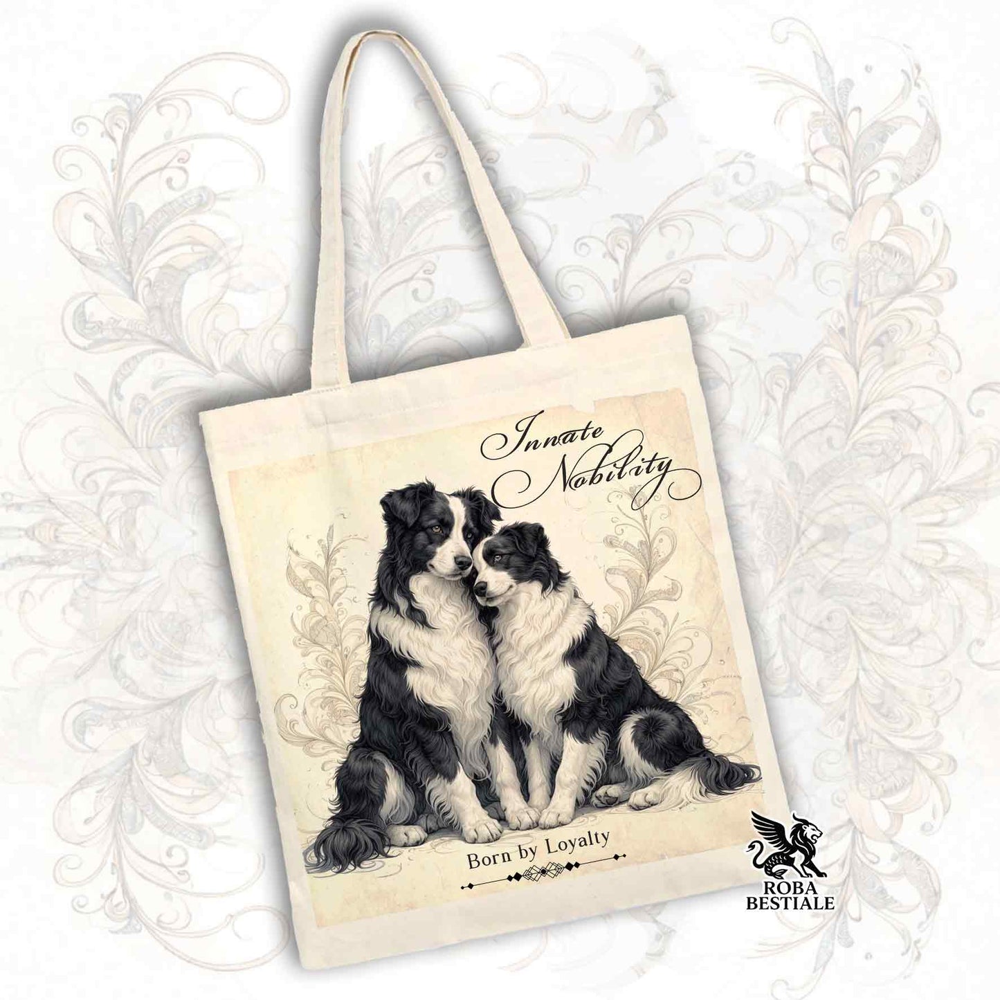 Tote Bag NOBILITY - BORDER COLLIE Bianco e Nero - 100% Cotone - Bianca o Beige