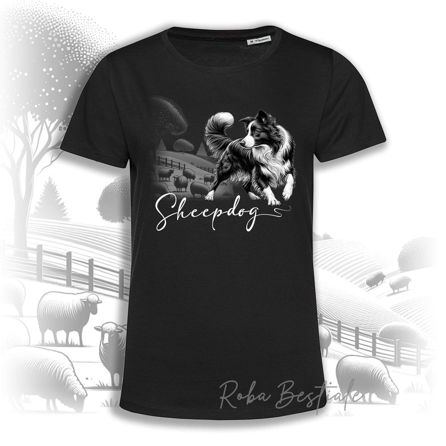 T-shirt BLACK & WHITE "Sheepdog" - BORDER COLLIE Bianco e Nero - NERA - Uomo o Donna, 100% Cotone