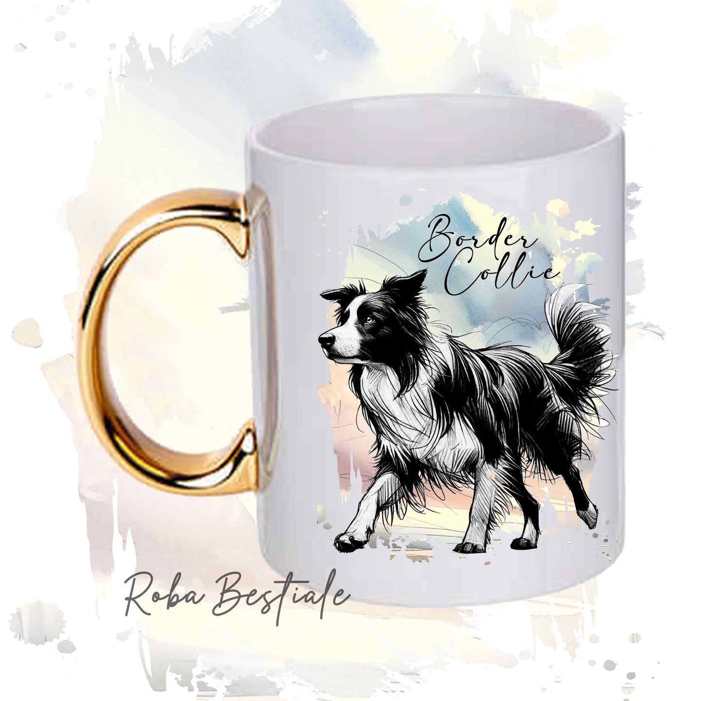 Tazza BEHAVIOR - BORDER COLLIE Bianco e Nero - Standard FCI - In Ceramica, con manico dorato - 330 ml