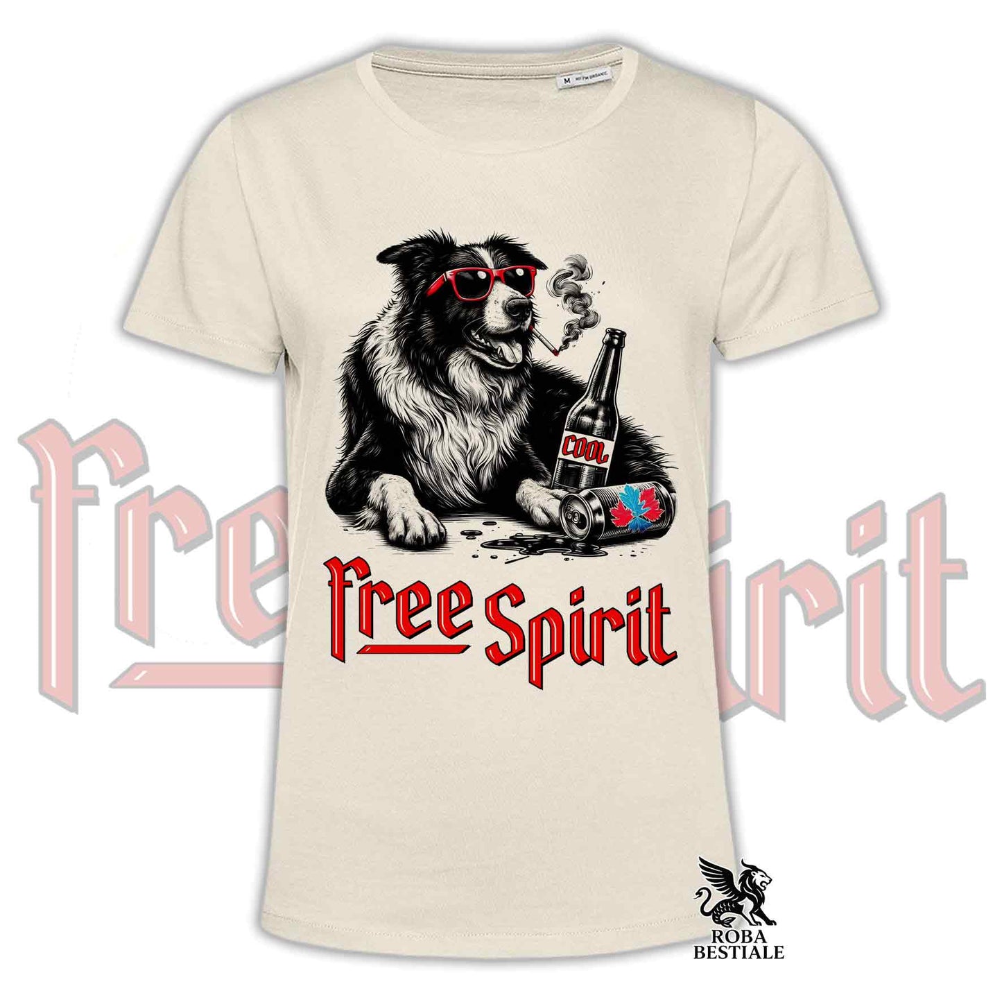 T-Shirt FREE SPIRIT - BORDER COLLIE Bianco e Nero - Bianca o Beige, da Uomo o da Donna - dalla XS alla 5XL