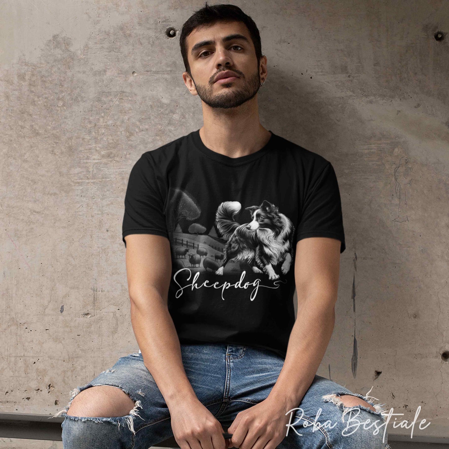 T-shirt BLACK & WHITE "Sheepdog" - BORDER COLLIE Bianco e Nero - NERA - Uomo o Donna, 100% Cotone