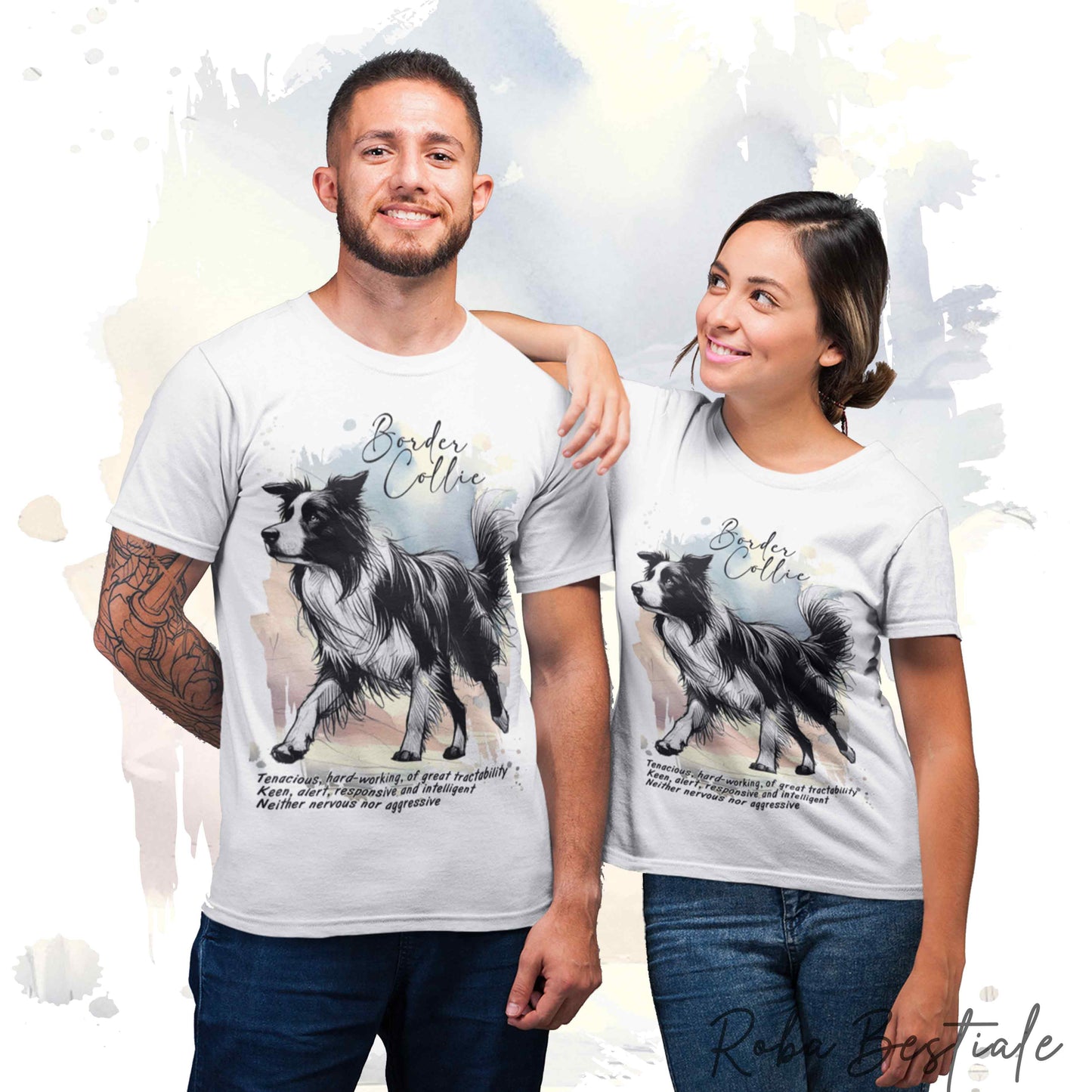 T-Shirt BEHAVIOR - BORDER COLLIE Bianco e Nero - Standard FCI - 100% Cotone, Bianca, Uomo o Donna - dalla XS alla 5XL