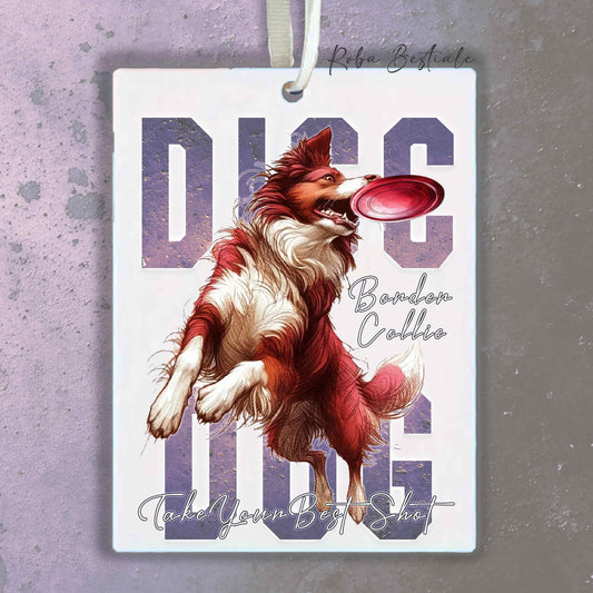 Deodorante Auto APTITUDE - DISC DOG - BORDER COLLIE Bianco e Rosso - In Feltro, con cordino - 7,5 x 10 cm
