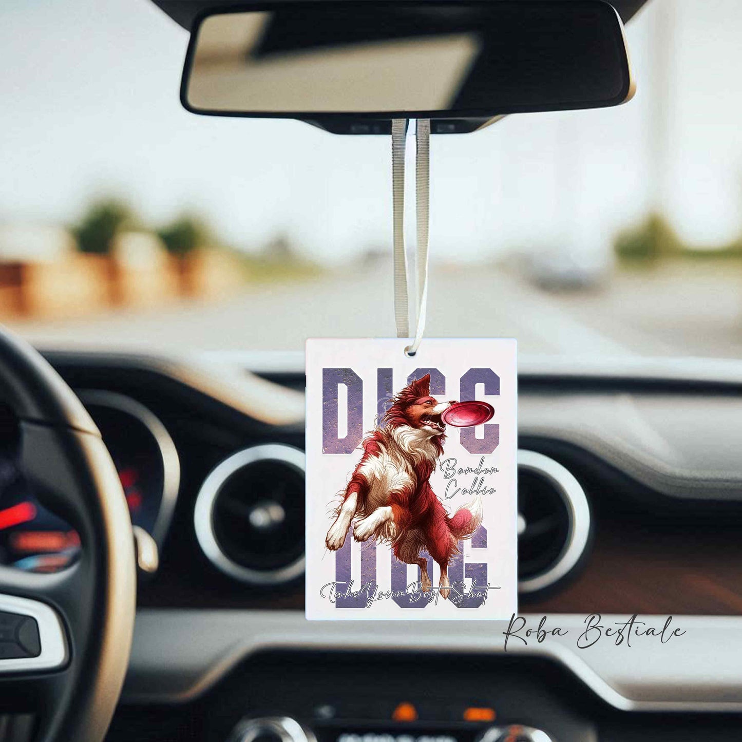 Deodorante Auto APTITUDE - DISC DOG - BORDER COLLIE Bianco e Rosso - In Feltro, con cordino - 7,5 x 10 cm