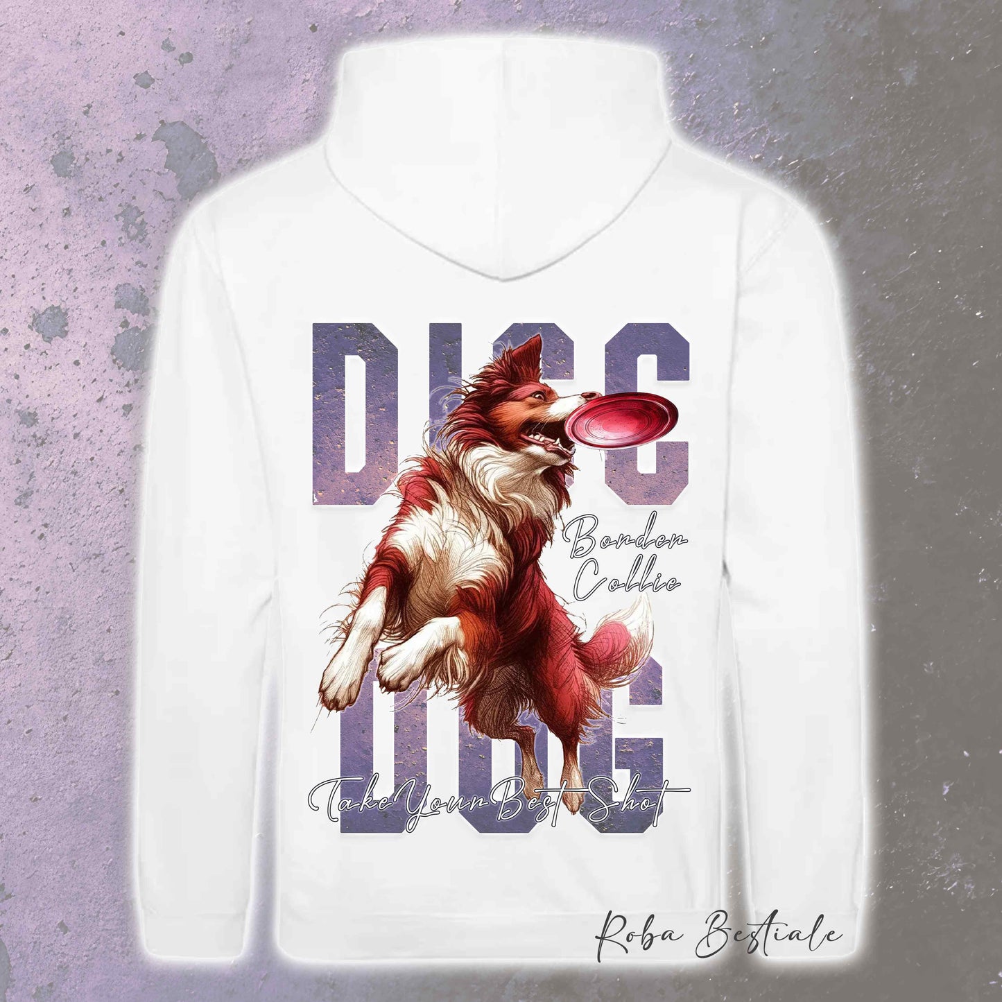 Felpa APTITUDE - DISC DOG - BORDER COLLIE Bianco e Rosso - Con Cappuccio e Tasconi, Unisex, in tanti colori - dalla XS alla 5XL