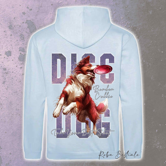 Felpa APTITUDE - DISC DOG - BORDER COLLIE Bianco e Rosso - Con Cappuccio e Tasconi, Unisex, in tanti colori - dalla XS alla 5XL