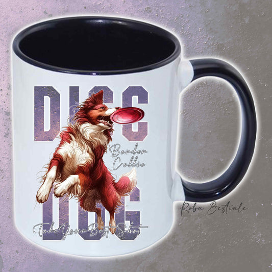 Tazza APTITUDE - DISC DOG - BORDER COLLIE Bianco e Rosso - In Ceramica, con manico e interno colorato - 330 ml