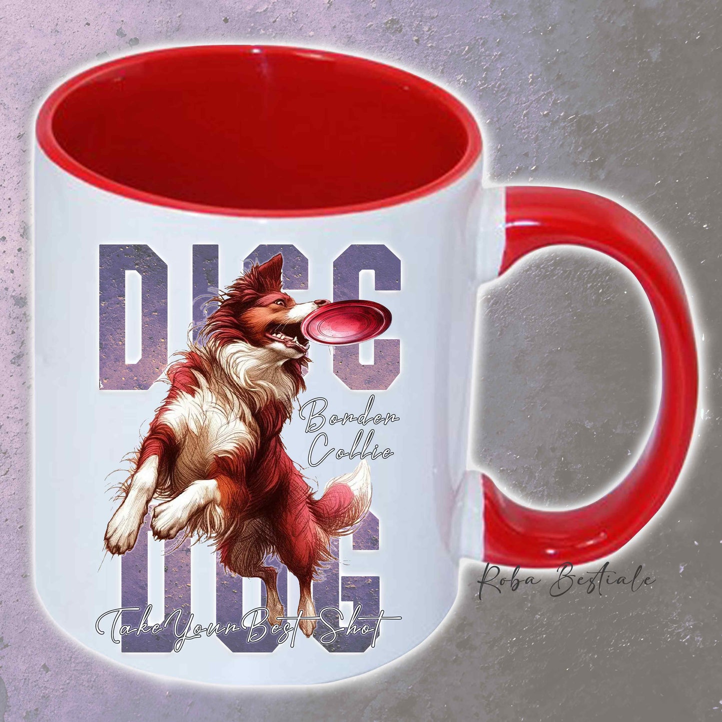 Tazza APTITUDE - DISC DOG - BORDER COLLIE Bianco e Rosso - In Ceramica, con manico e interno colorato - 330 ml