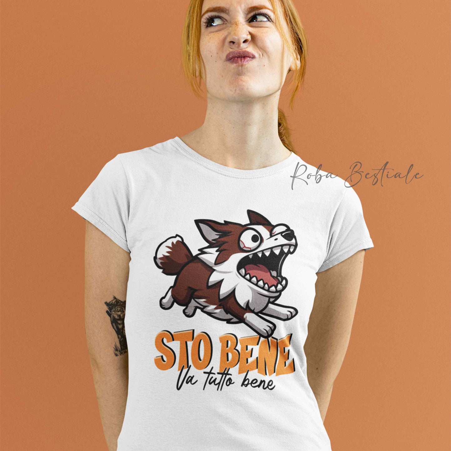 T-Shirt BONKERS - STO BENE - BORDER COLLIE Bianco e Rosso - Uomo o Donna - dalla XS alla 5XL