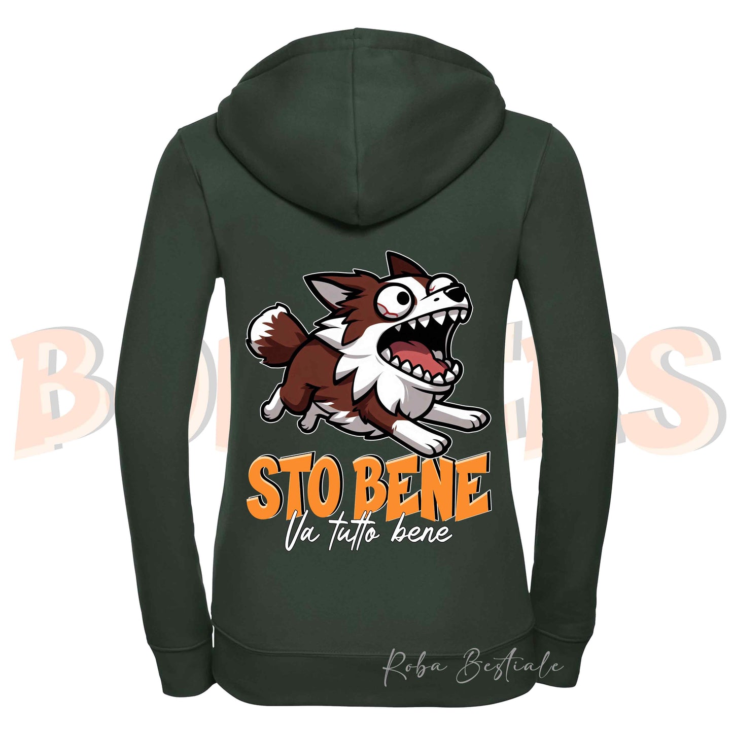 Felpa BONKERS - STO BENE - BORDER COLLIE Rosso e Bianco - Con Cappuccio e Full Zip, Uomo o Donna, in tanti colori - dalla XS alla 5XL