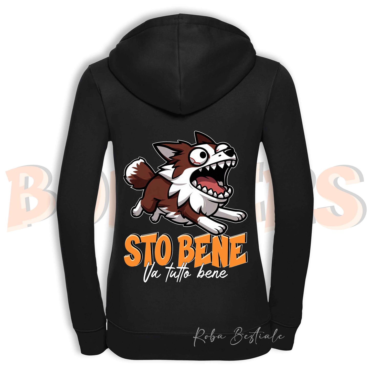 Felpa BONKERS - STO BENE - BORDER COLLIE Rosso e Bianco - Con Cappuccio e Full Zip, Uomo o Donna, in tanti colori - dalla XS alla 5XL
