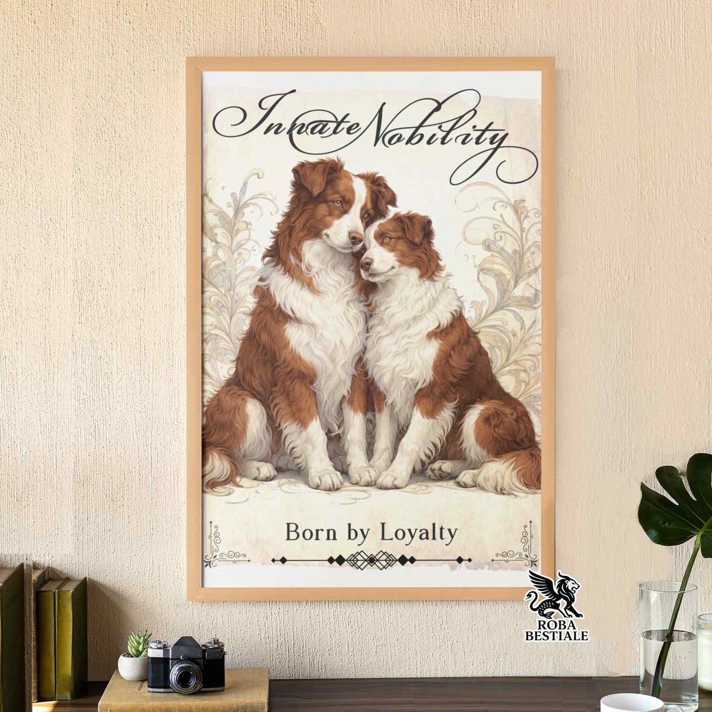 Quadretto NOBILITY - BORDER COLLIE Bianco e Rosso - Con cornice in legno, formato A4