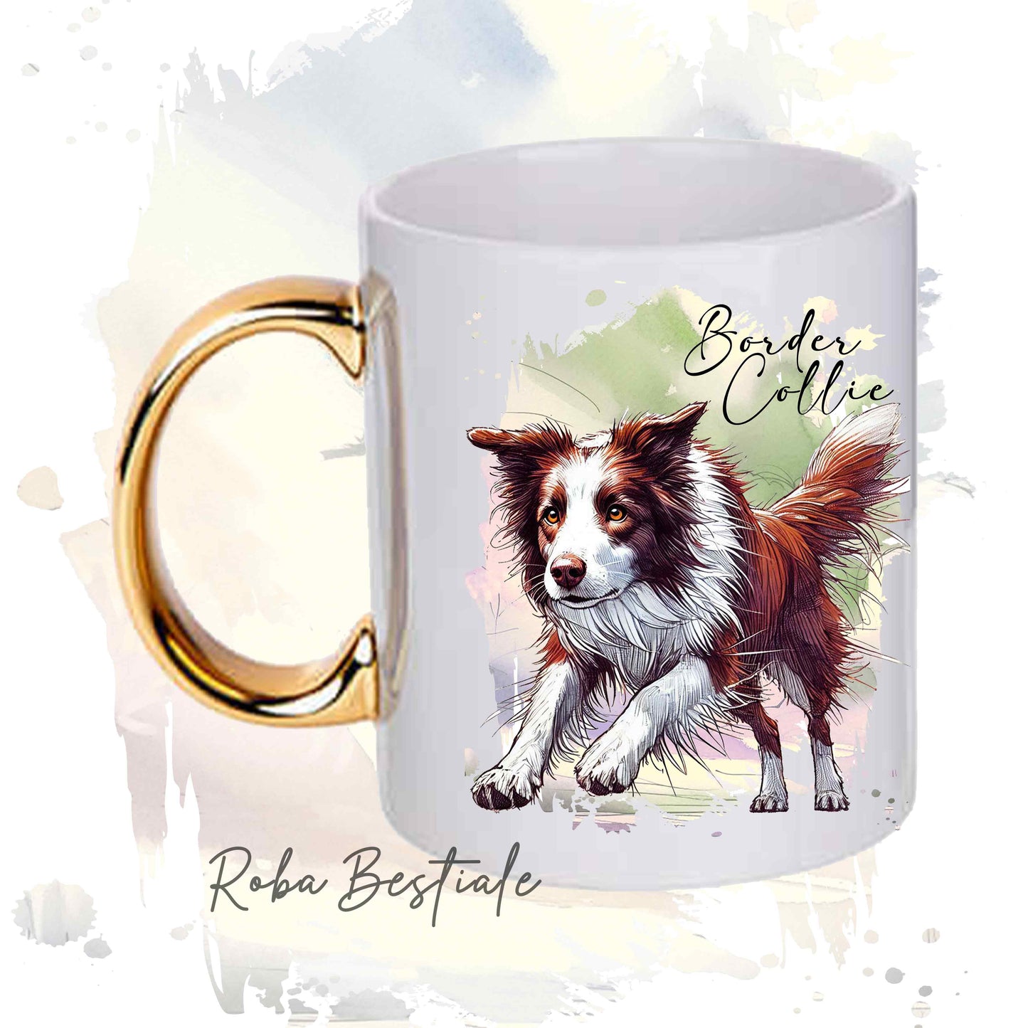 Tazza BEHAVIOR - BORDER COLLIE Bianco e Rosso - Standard FCI - In Ceramica, con manico dorato - 330 ml