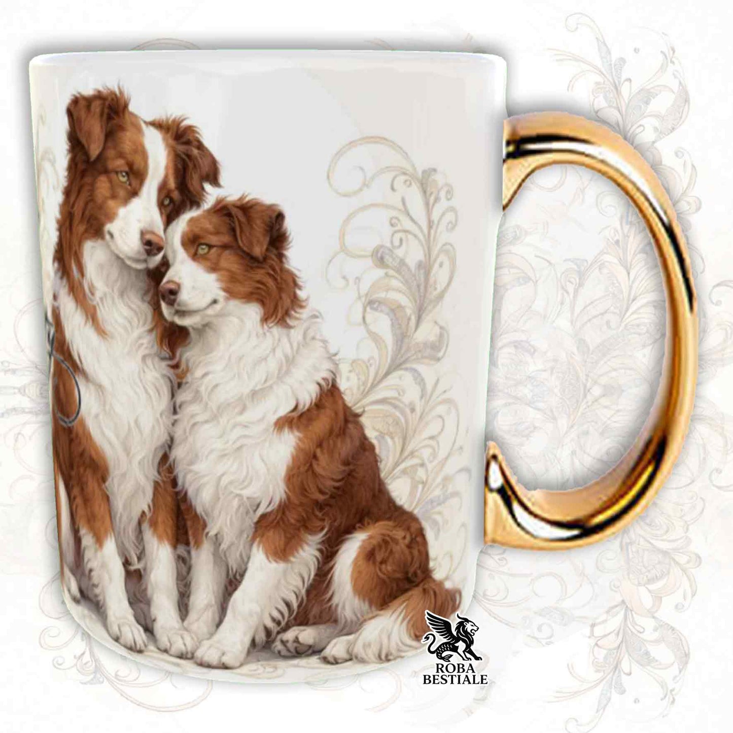 NOBILITY Mug - BORDER COLLIE Black and White - GOLD Handle - 330 ml - Ceramic