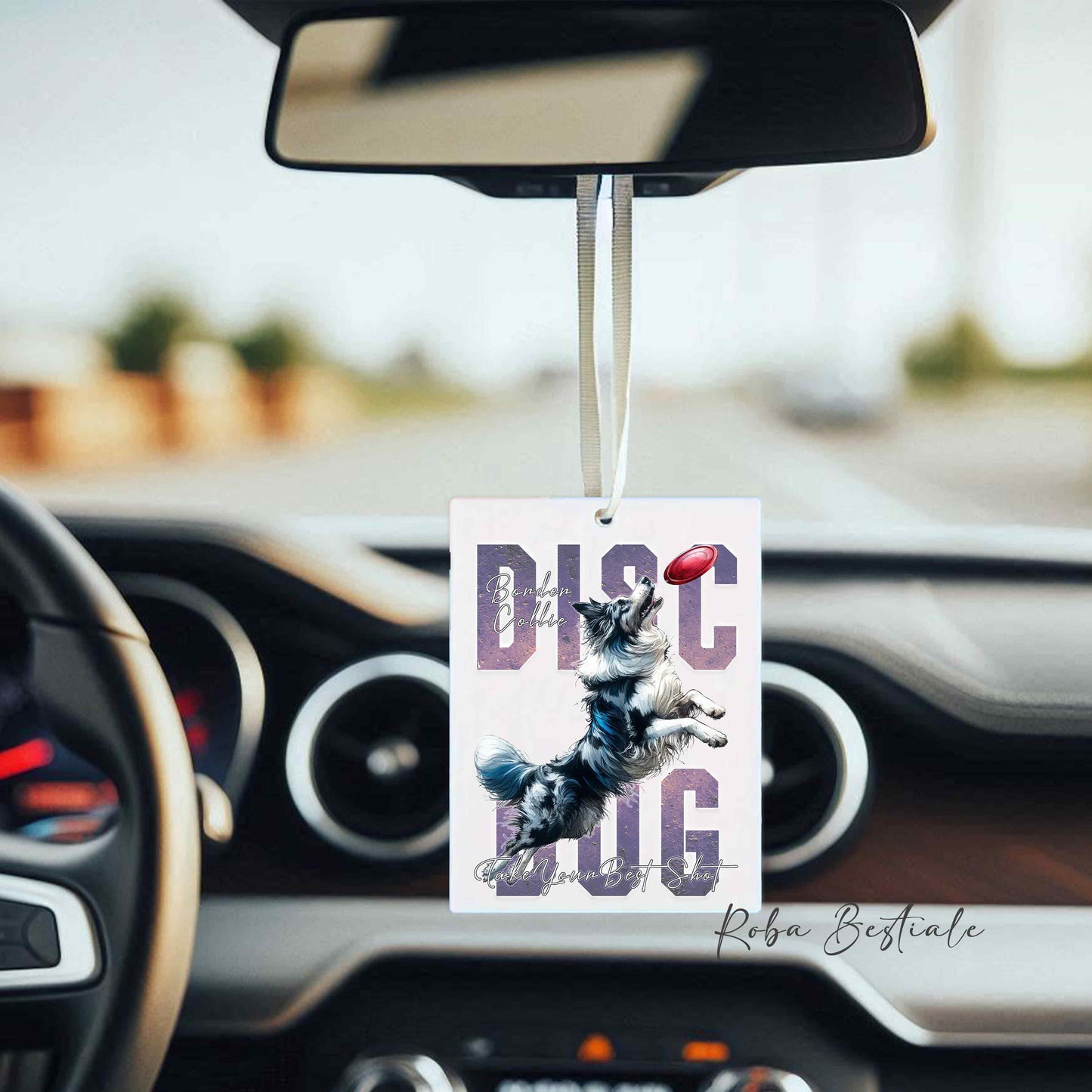 Deodorante Auto APTITUDE - DISC DOG - BORDER COLLIE Blue Merle - In Feltro, con cordino - 7,5 x 10 cm