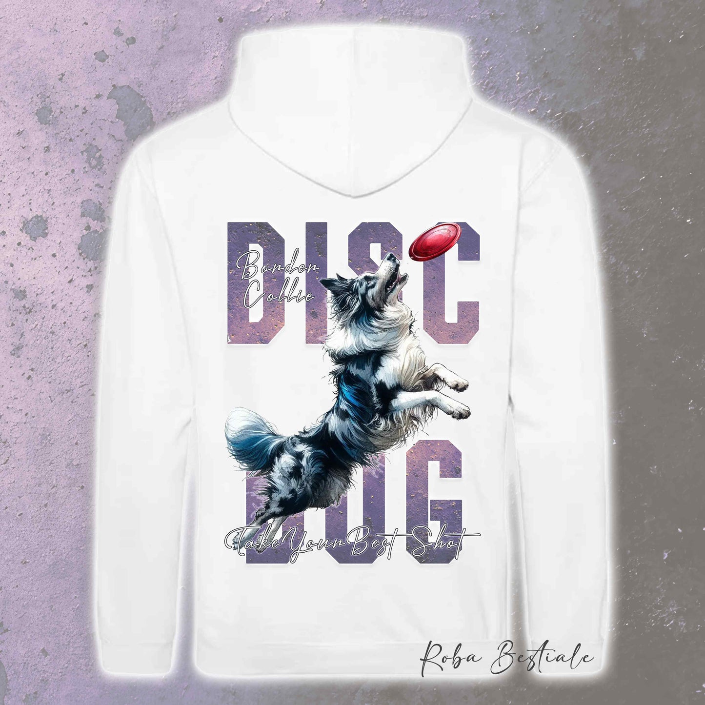 Felpa APTITUDE - DISC DOG - BORDER COLLIE Blue Merle - Con Cappuccio e Tasconi, Unisex, in tanti colori - dalla XS alla 5XL
