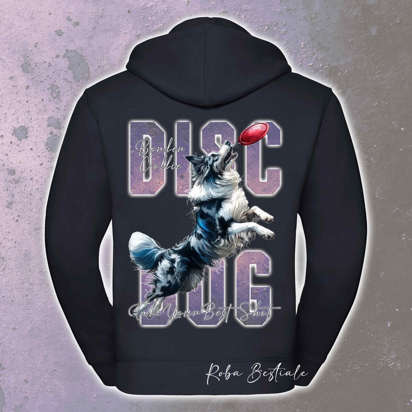 Felpa APTITUDE - DISC DOG - BORDER COLLIE Blue Merle - Con Cappuccio e Full Zip, Uomo o Donna, in tanti colori - dalla XS alla 5XL