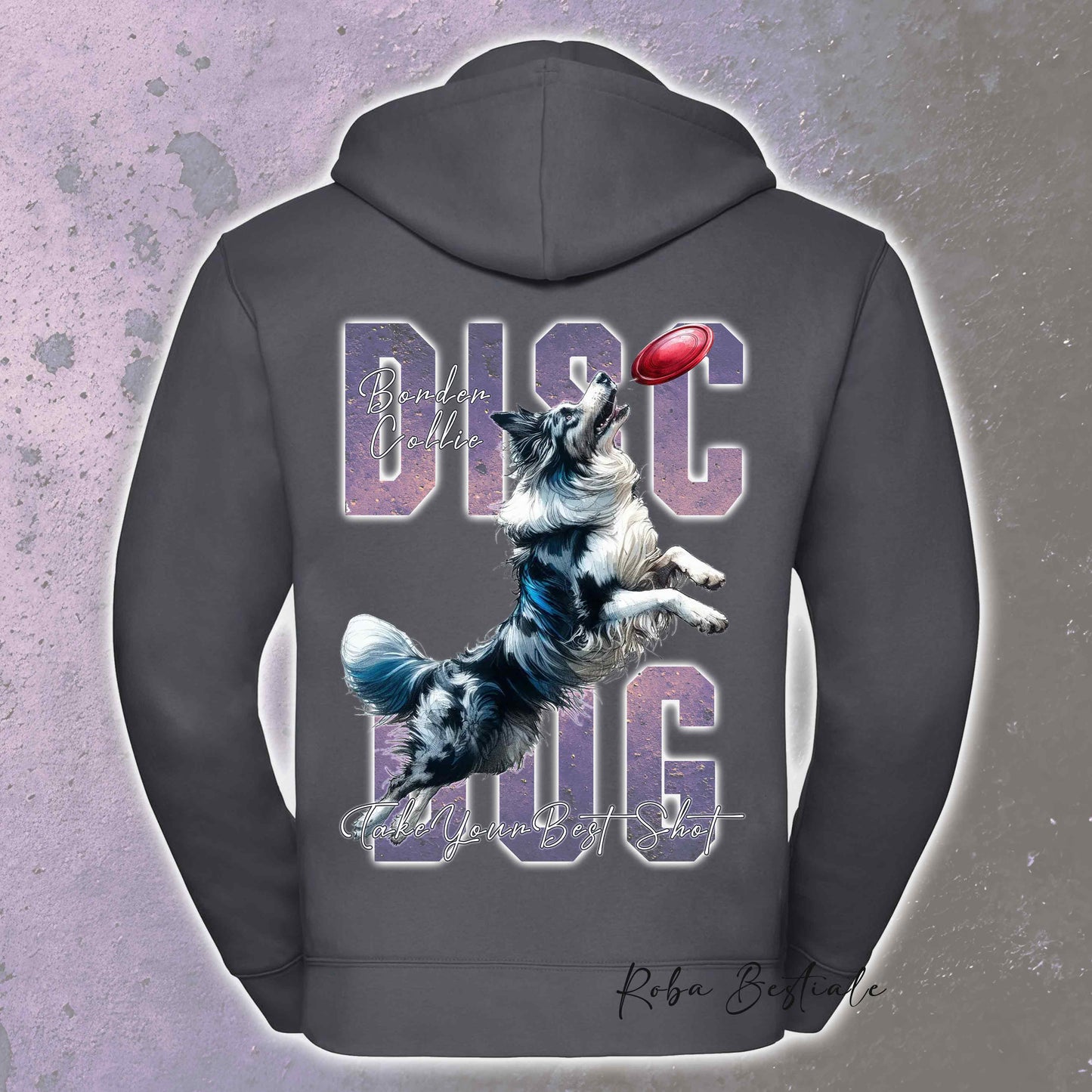 Felpa APTITUDE - DISC DOG - BORDER COLLIE Blue Merle - Con Cappuccio e Full Zip, Uomo o Donna, in tanti colori - dalla XS alla 5XL