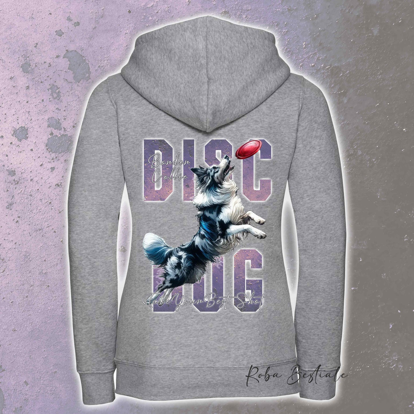 Felpa APTITUDE - DISC DOG - BORDER COLLIE Blue Merle - Con Cappuccio e Full Zip, Uomo o Donna, in tanti colori - dalla XS alla 5XL