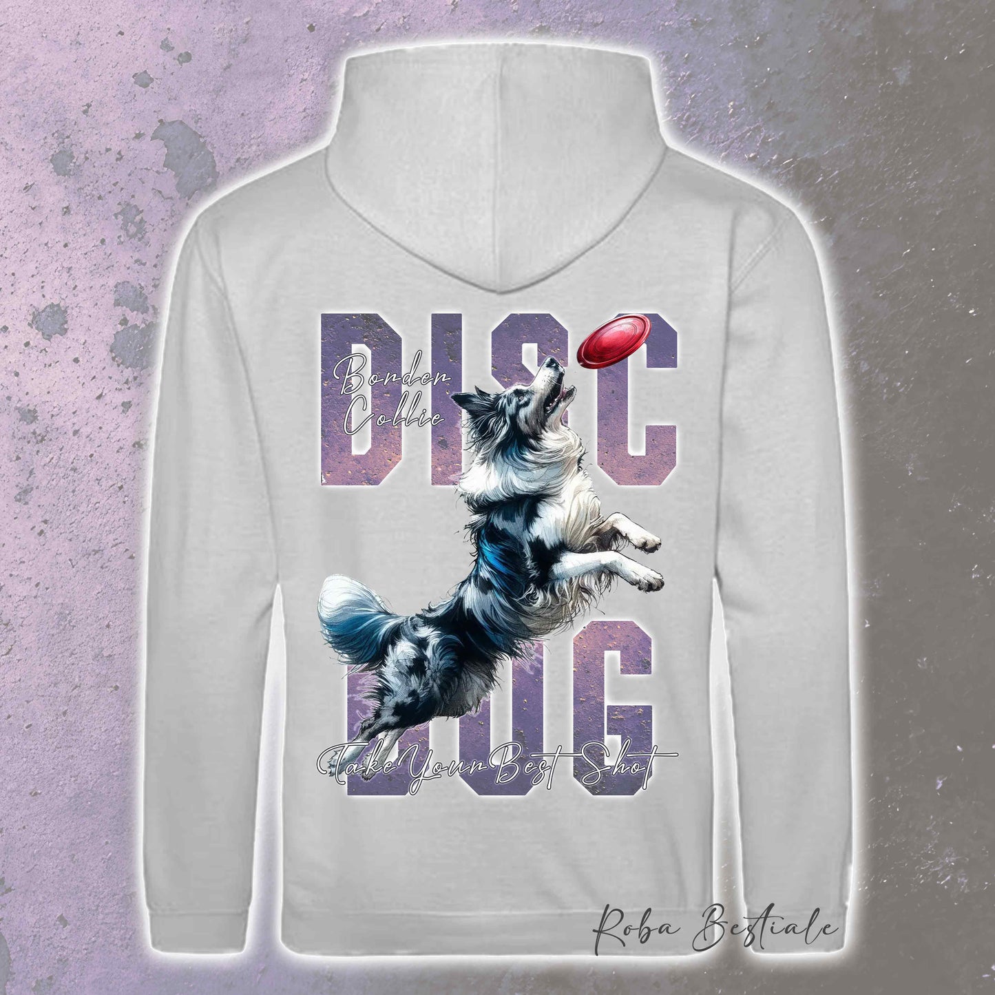 Felpa APTITUDE - DISC DOG - BORDER COLLIE Blue Merle - Con Cappuccio e Tasconi, Unisex, in tanti colori - dalla XS alla 5XL