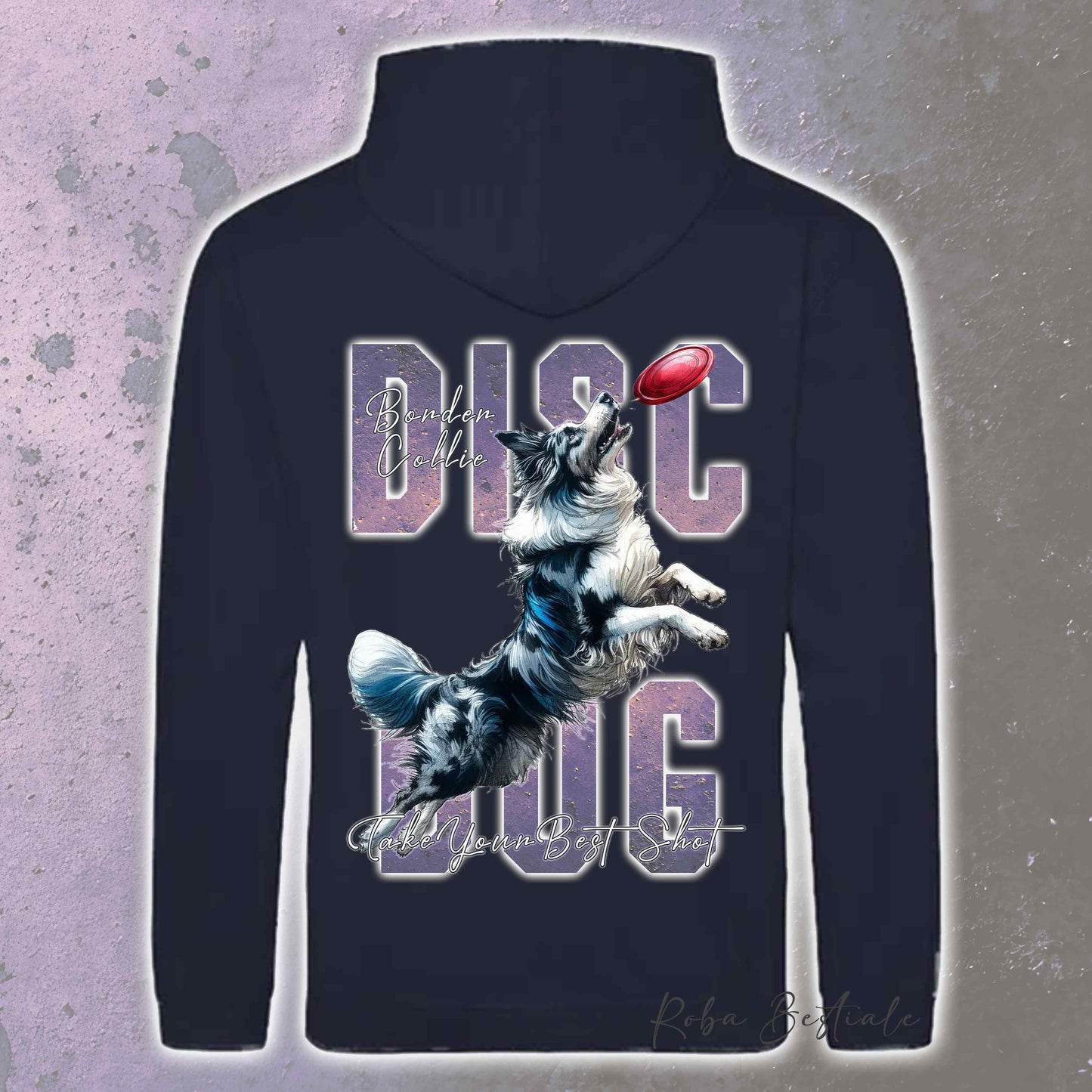 Felpa APTITUDE - DISC DOG - BORDER COLLIE Blue Merle - Con Cappuccio e Tasconi, Unisex, in tanti colori - dalla XS alla 5XL