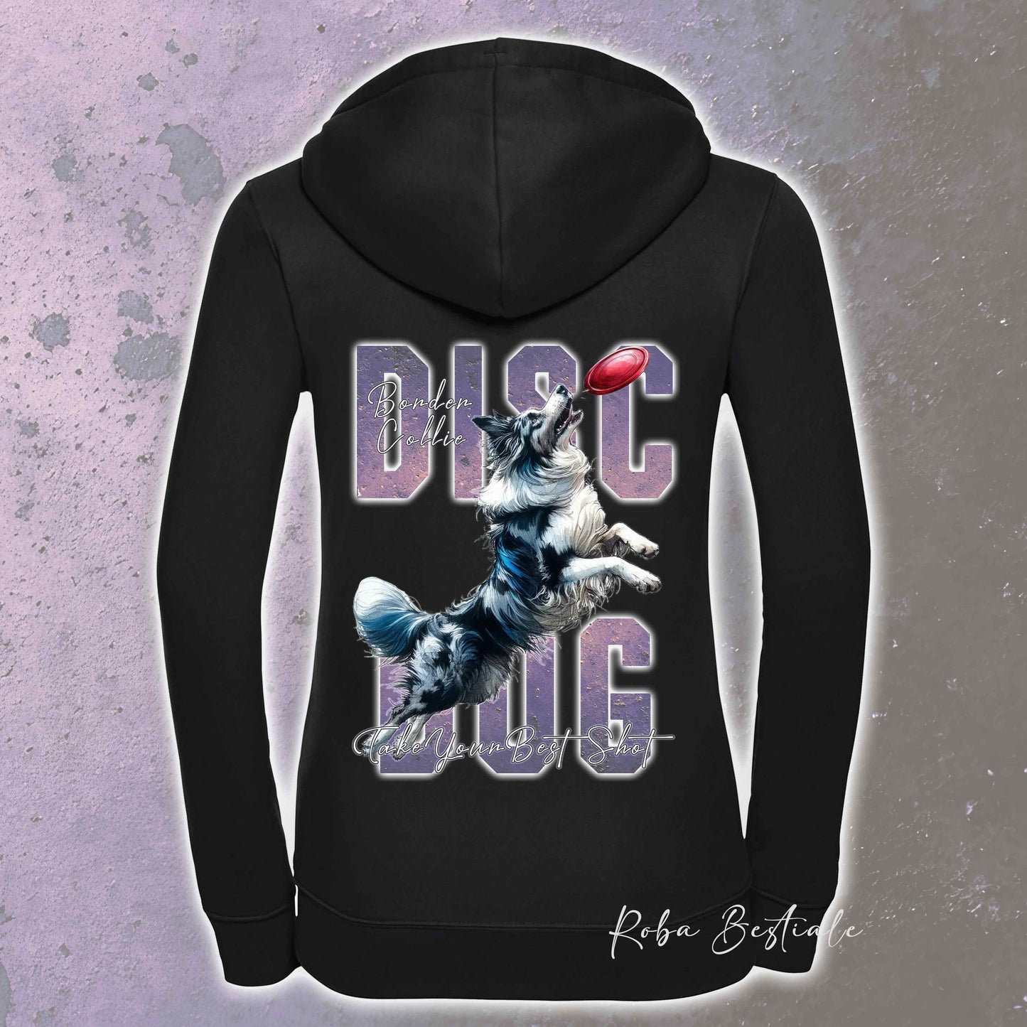 Felpa APTITUDE - DISC DOG - BORDER COLLIE Blue Merle - Con Cappuccio e Full Zip, Uomo o Donna, in tanti colori - dalla XS alla 5XL