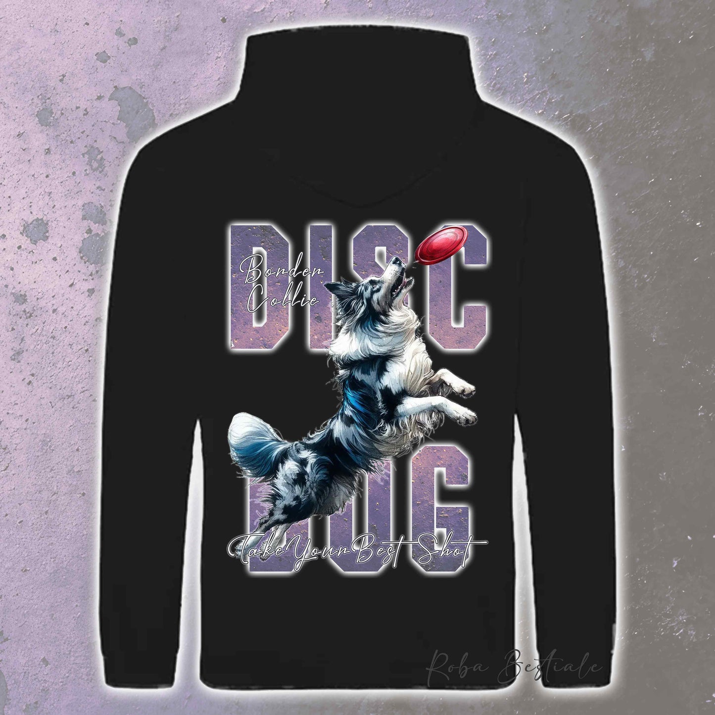 Felpa APTITUDE - DISC DOG - BORDER COLLIE Blue Merle - Con Cappuccio e Tasconi, Unisex, in tanti colori - dalla XS alla 5XL
