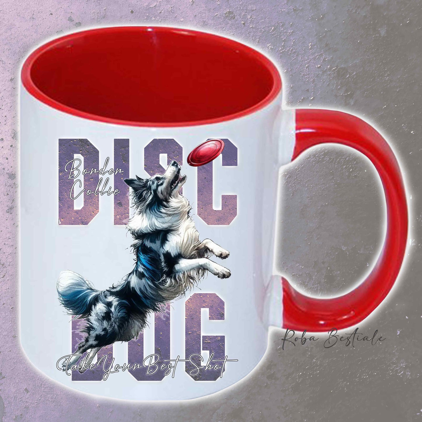 Tazza APTITUDE - DISC DOG - BORDER COLLIE Blue Merle - In Ceramica, con manico e interno colorato - 330 ml