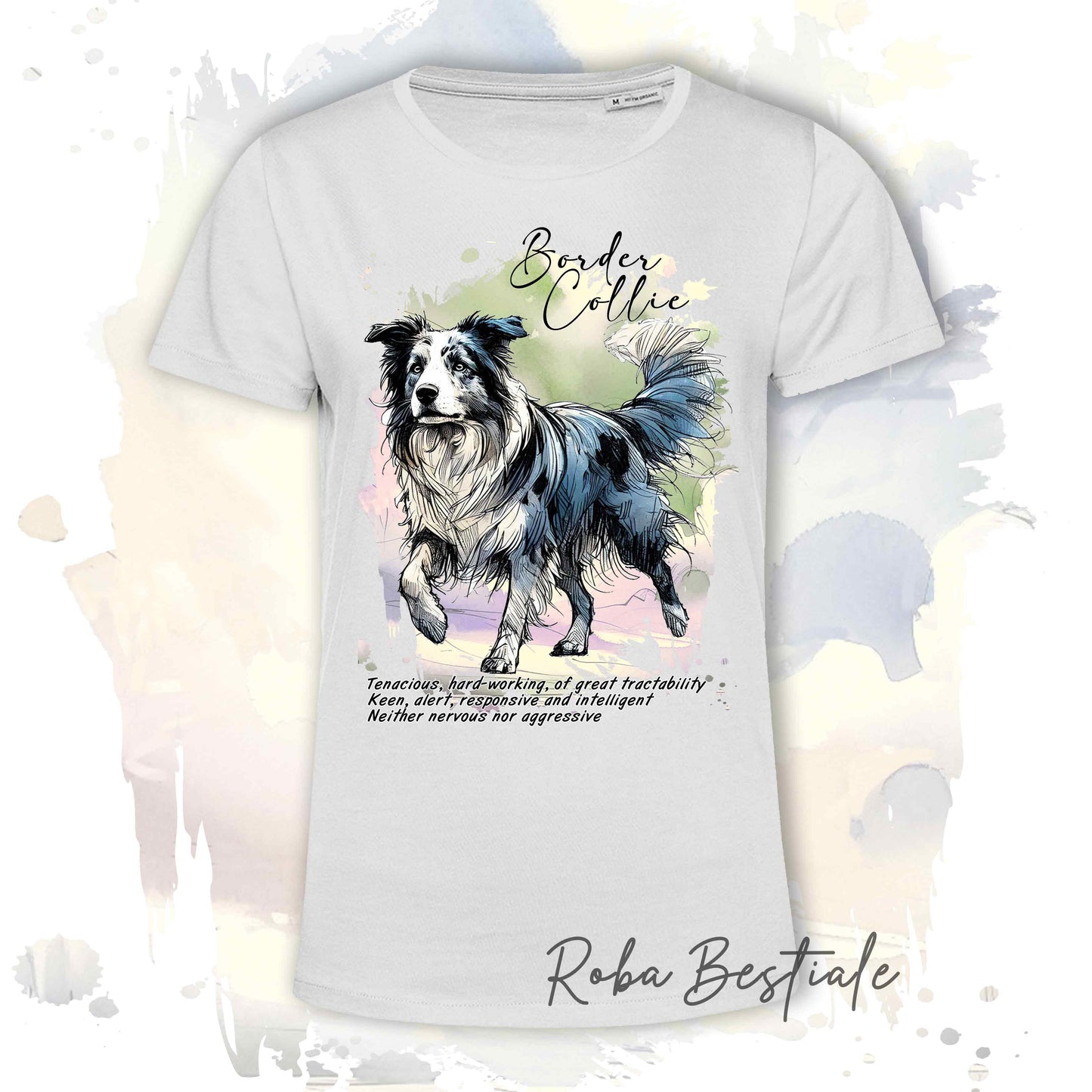 T-Shirt BEHAVIOR - BORDER COLLIE Blue Merle - Standard FCI - 100% Cotone, Bianca, Uomo o Donna - dalla XS alla 5XL