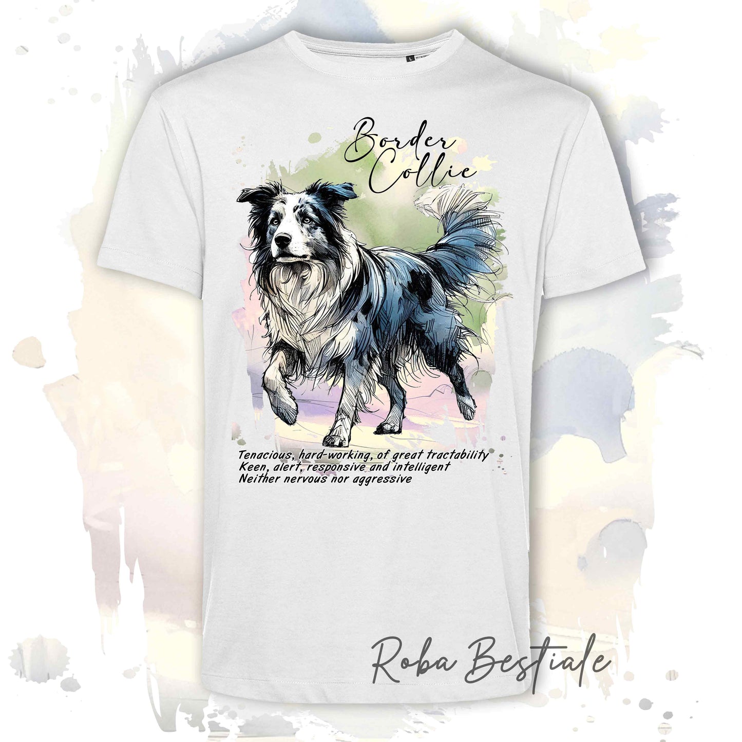 T-Shirt BEHAVIOR - BORDER COLLIE Blue Merle - Standard FCI - 100% Cotone, Bianca, Uomo o Donna - dalla XS alla 5XL