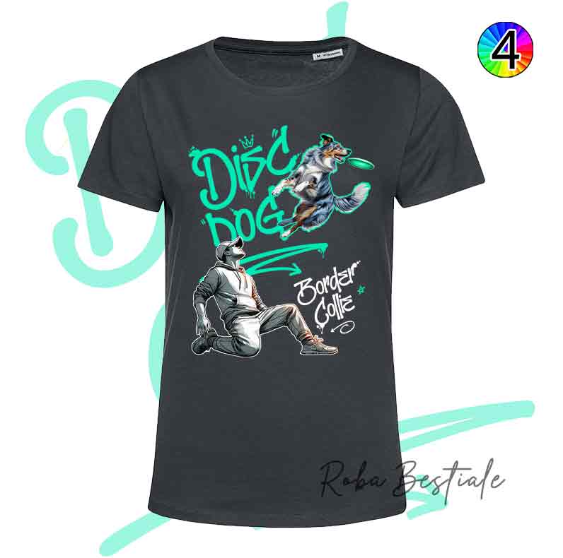 T-Shirt NERA Disc Dog GRAFFITI - BORDER COLLIE Blue Merle - Design "BOY" - Dettagli in 4 colori!