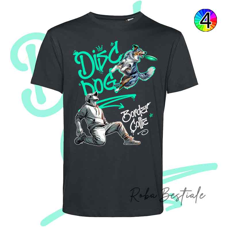 T-Shirt NERA Disc Dog GRAFFITI - BORDER COLLIE Blue Merle - Design "BOY" - Dettagli in 4 colori!