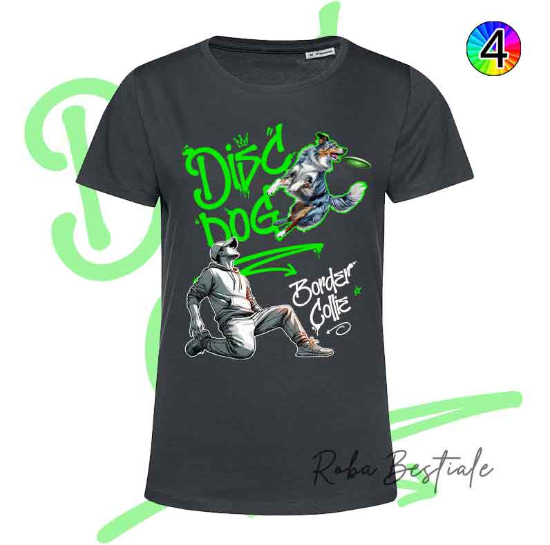 T-Shirt NERA Disc Dog GRAFFITI - BORDER COLLIE Blue Merle - Design "BOY" - Dettagli in 4 colori!