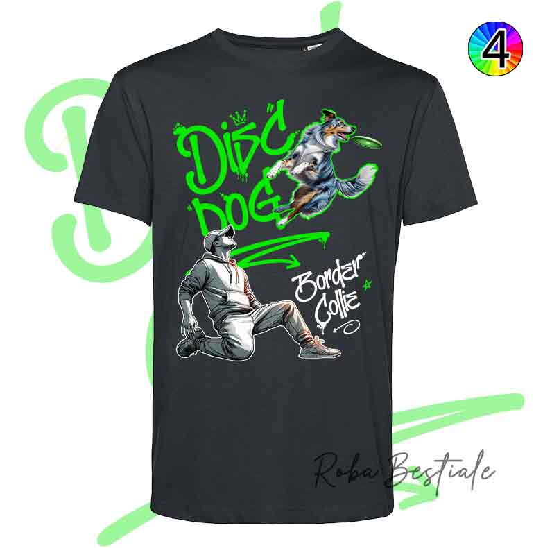 T-Shirt NERA Disc Dog GRAFFITI - BORDER COLLIE Blue Merle - Design "BOY" - Dettagli in 4 colori!