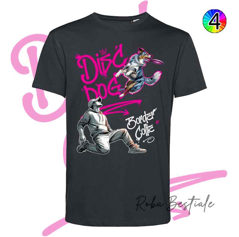 T-Shirt NERA Disc Dog GRAFFITI - BORDER COLLIE Blue Merle - Design "BOY" - Dettagli in 4 colori!