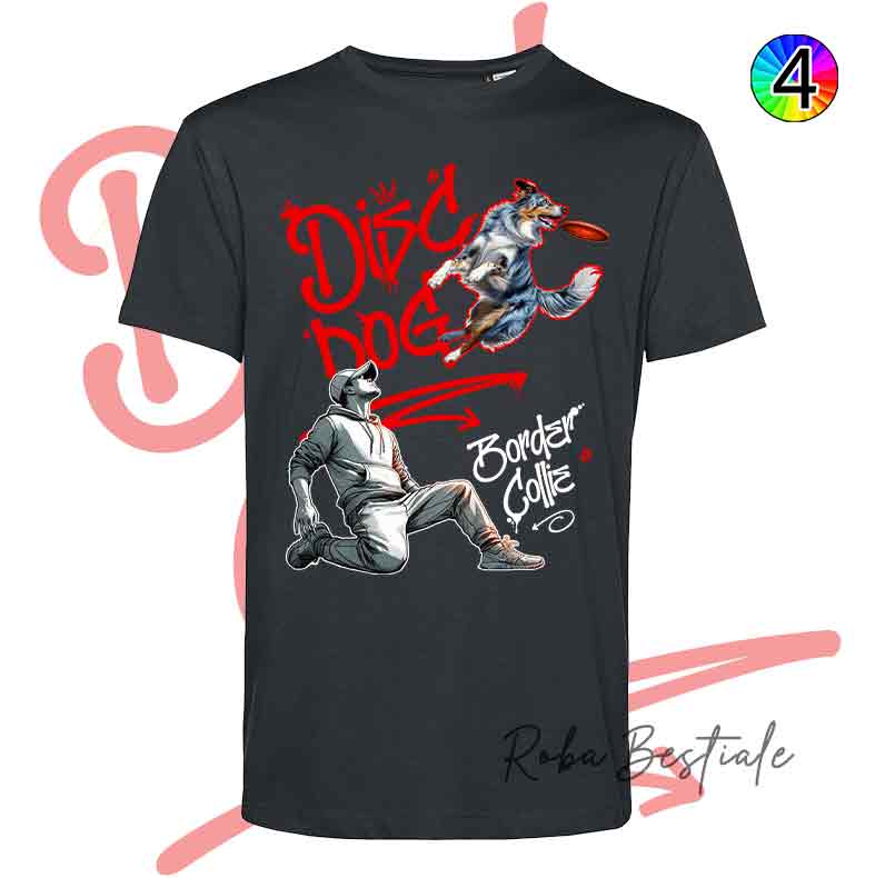 T-Shirt NERA Disc Dog GRAFFITI - BORDER COLLIE Blue Merle - Design "BOY" - Dettagli in 4 colori!