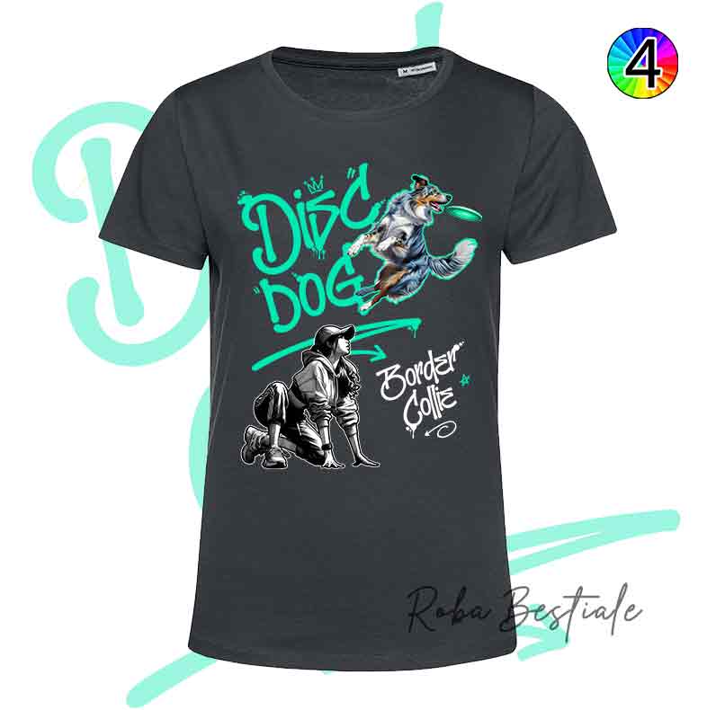 T-Shirt NERA Disc Dog GRAFFITI - BORDER COLLIE Blue Merle - Design "GIRL" - Dettagli in 4 colori!