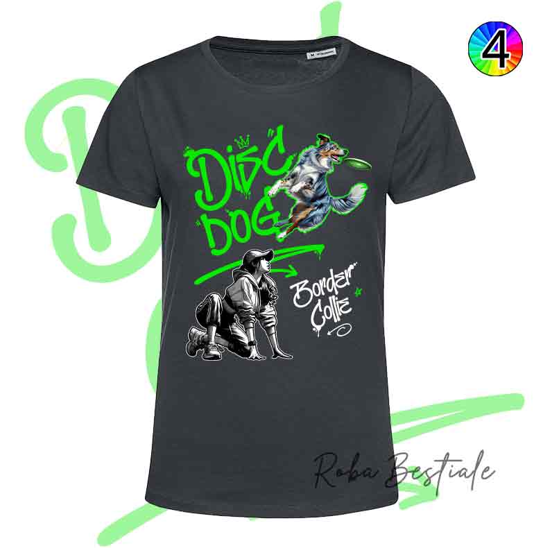 T-Shirt NERA Disc Dog GRAFFITI - BORDER COLLIE Blue Merle - Design "GIRL" - Dettagli in 4 colori!