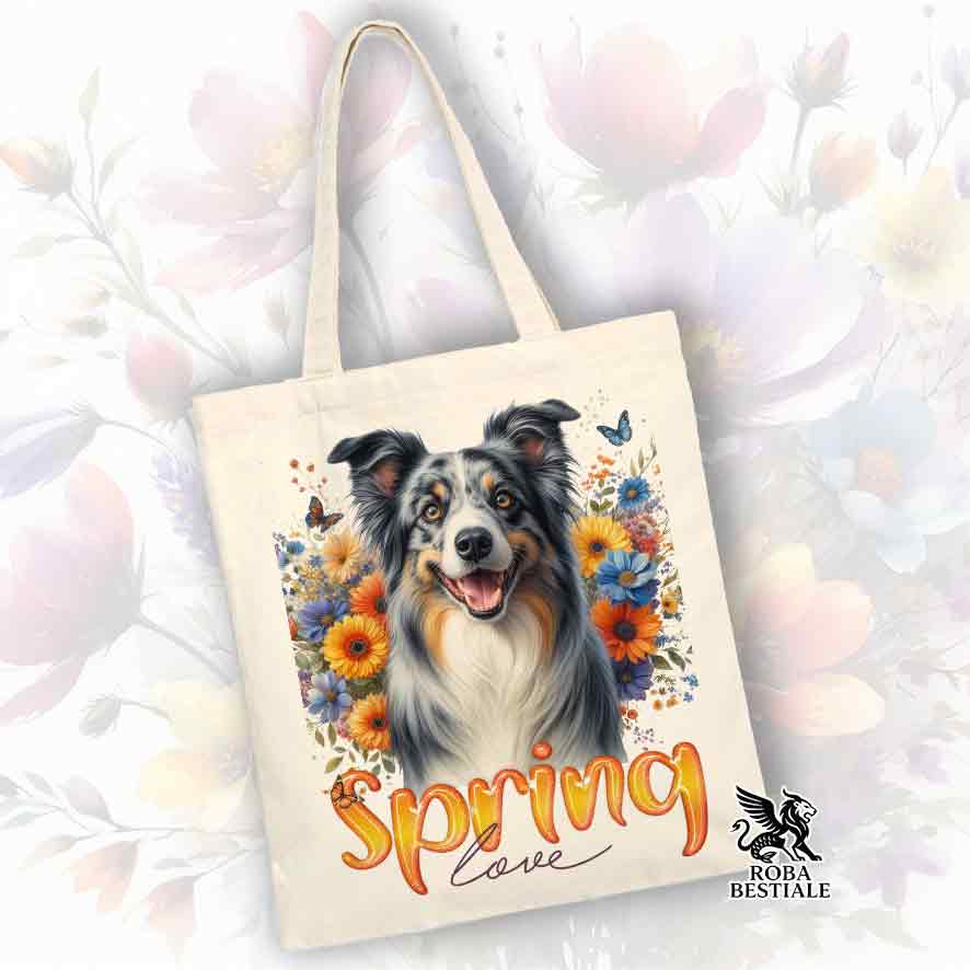 Shopper SPRING LOVE - BORDER COLLIE Blue Merle - 100% Cotone - Bianca o Beige