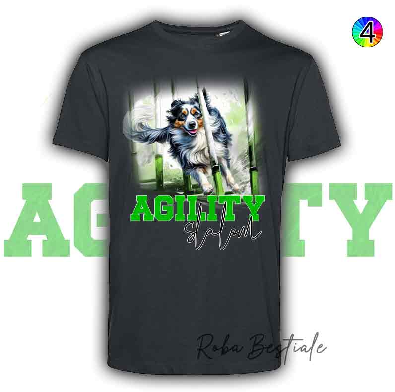 T-Shirt Nera AGILITY SLALOM - BORDER COLLIE Blue Merle - Scritta in 4 colori a scelta - dalla XS alla 5XL